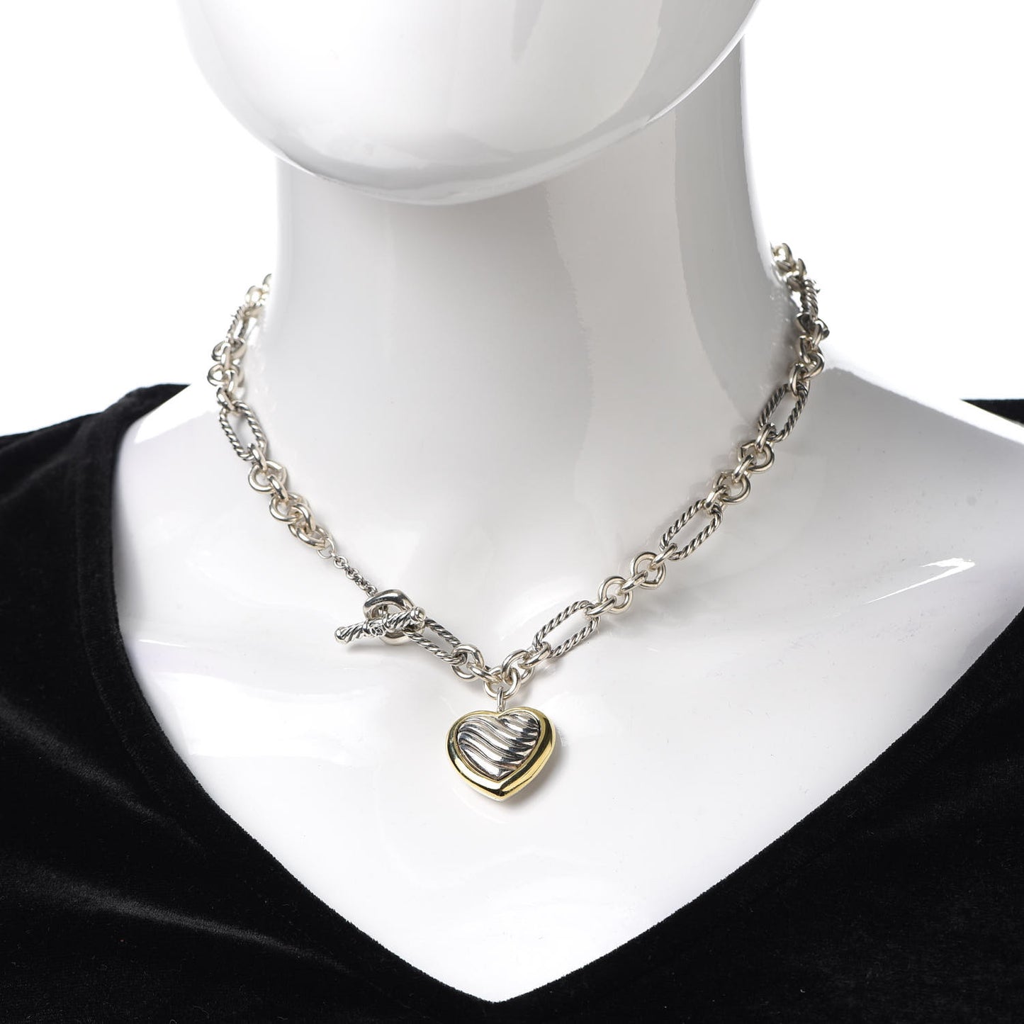 Sterling Silver 18K Yellow Gold Cable Heart Figaro Necklace