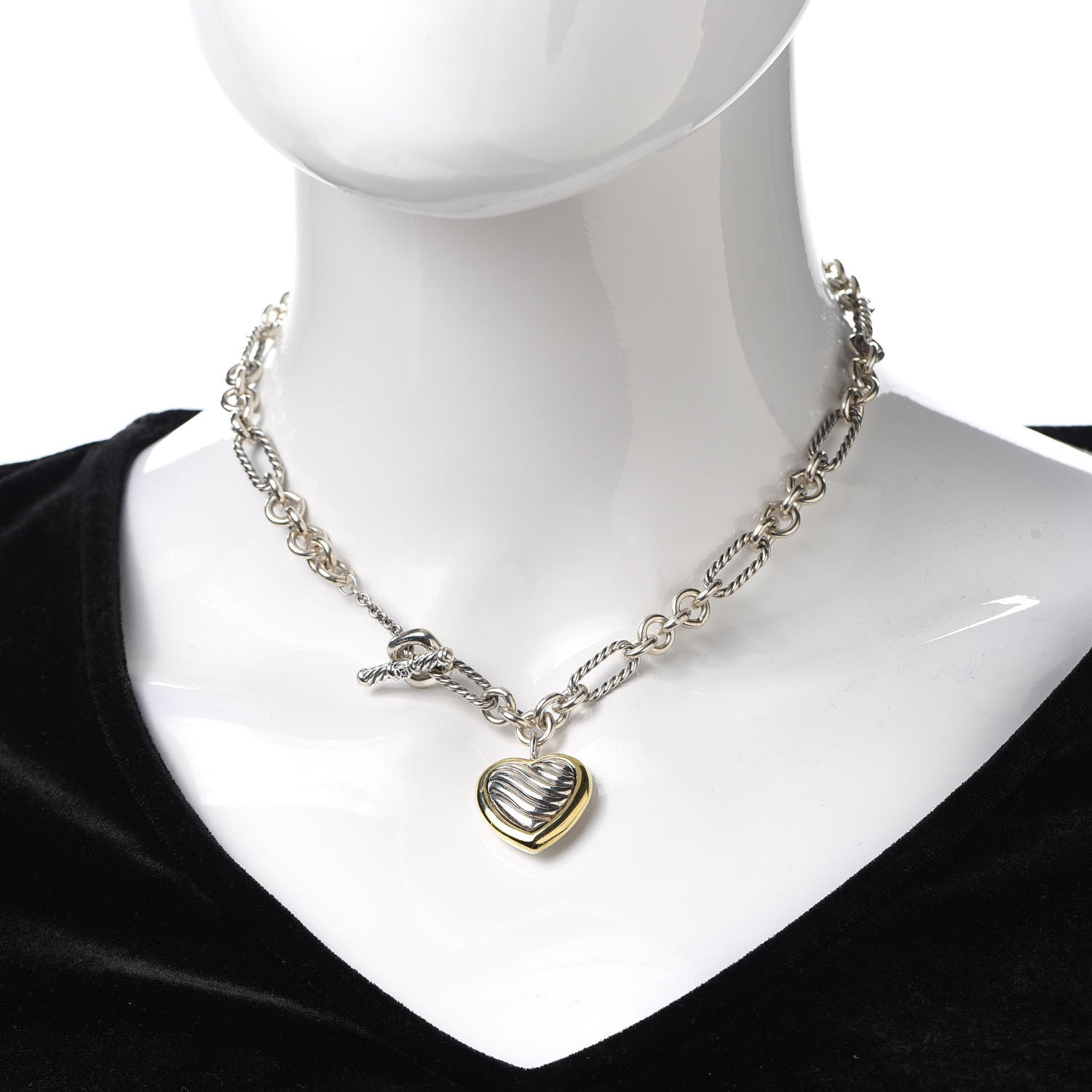 David Yurman Sterling Silver 18K Yellow Gold Cable Heart Figaro Necklace 2 of 4