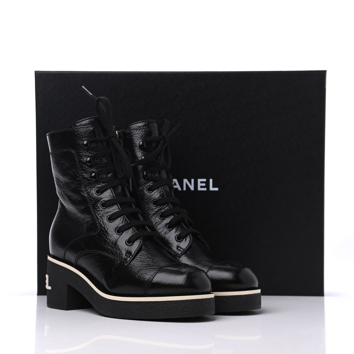Shiny Crumpled Lambskin Lace Up Combat Boots 35.5 Black