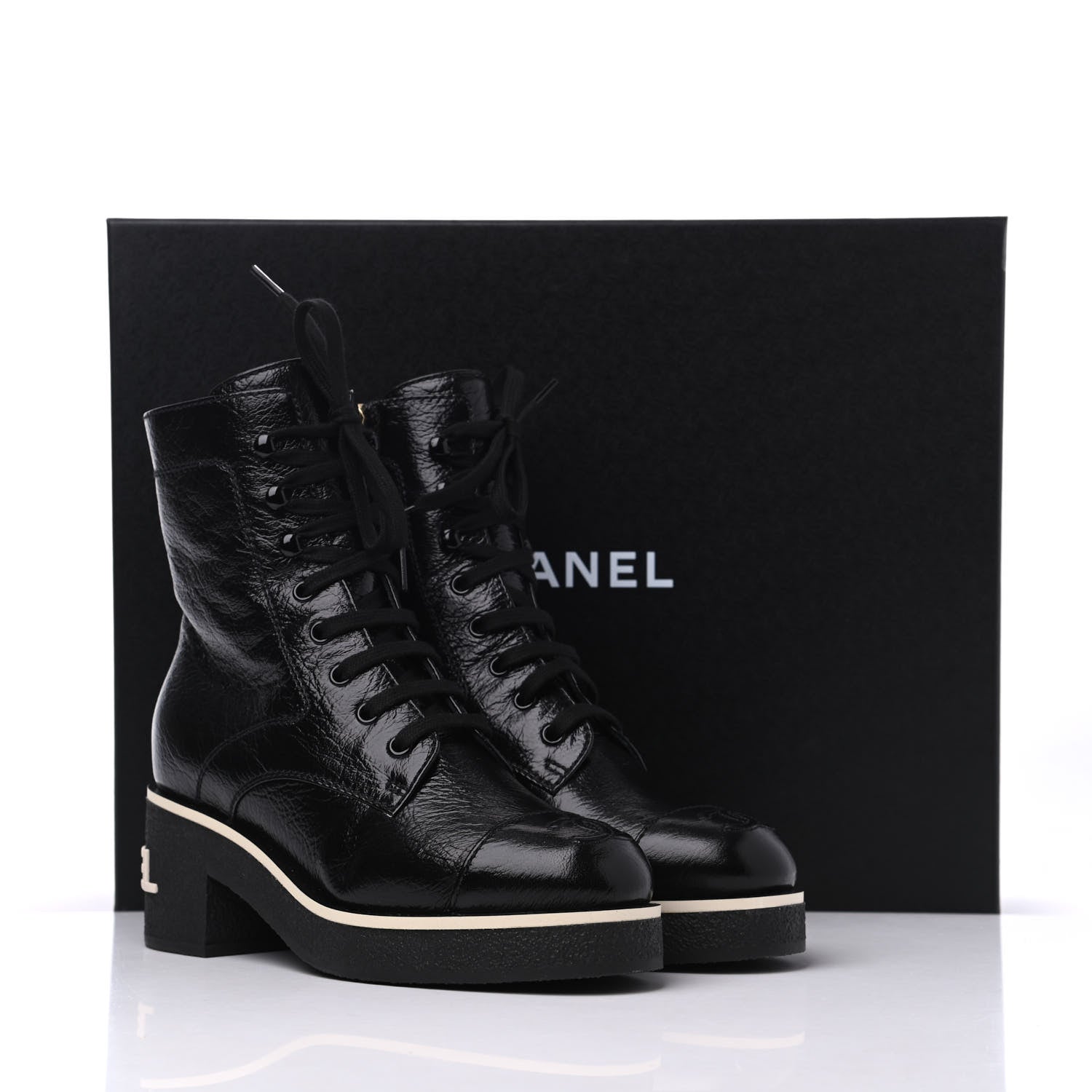 Chanel Shiny Crumpled Lambskin Lace Up Combat Boots 35.5 Black 13 of 13