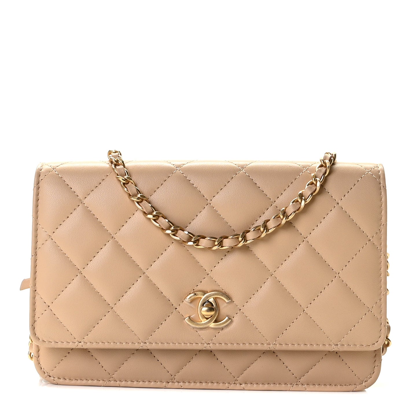 Lambskin Quilted CC Pearl Crush Wallet on Chain WOC Beige