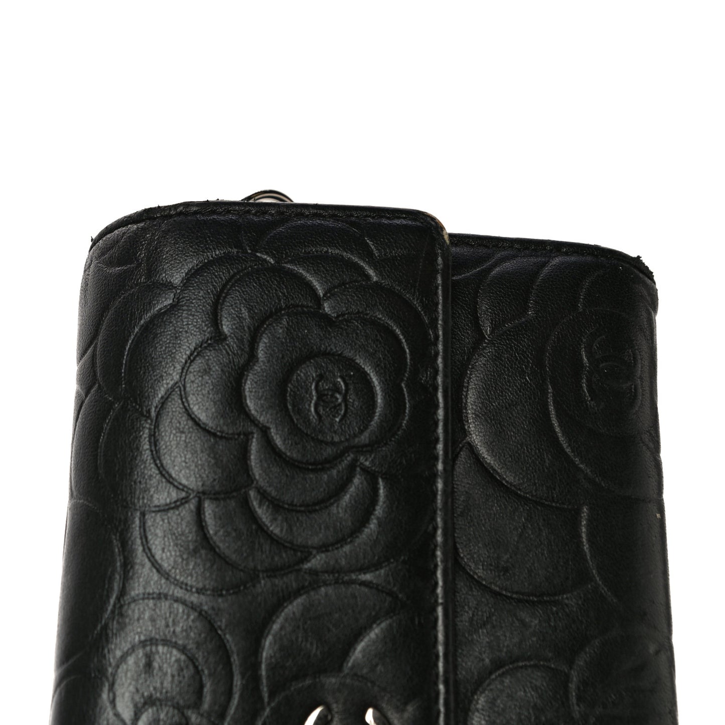 Lambskin Camellia Embossed Wallet on Chain WOC Black