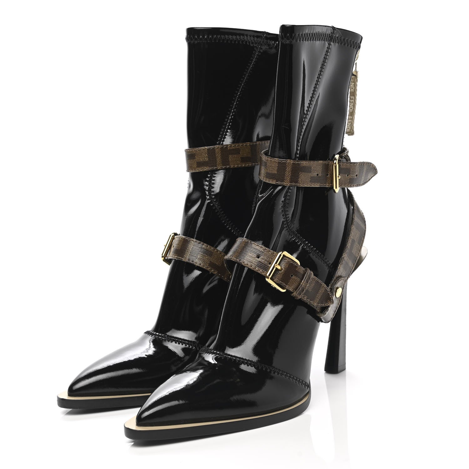 Fendi Glossy Neoprene Glazed Fabric FF FFrame Short Boots 40 Black Tobacco Moro 3 of 7
