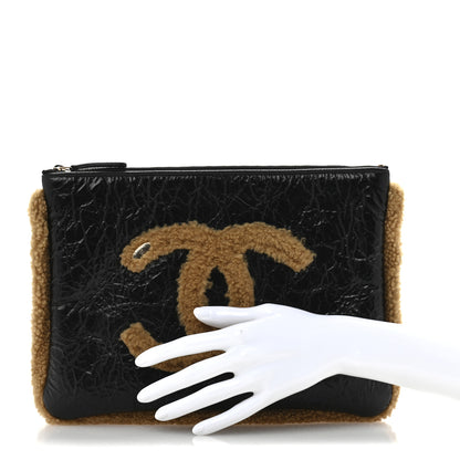 Chanel Shiny Crumpled Sheepskin Shearling CC Mania Zip Pouch Black Beige 2 of 8