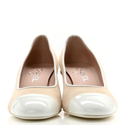 Chanel Velvet Matte Calfskin Patent Chain CC Cap Toe Pumps 39 Beige White 2 of 12