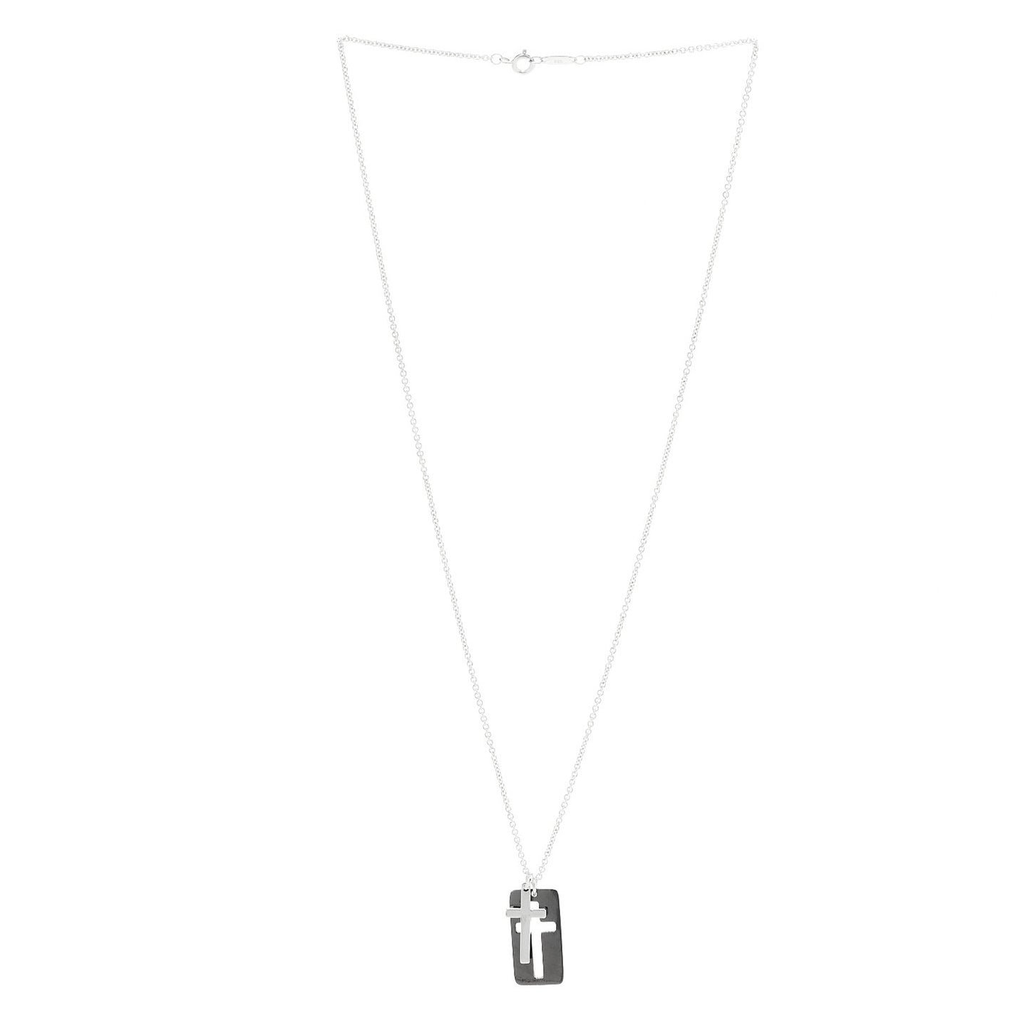 Sterling Silver Black Titanium Double Cross Stencil Pendant Necklace