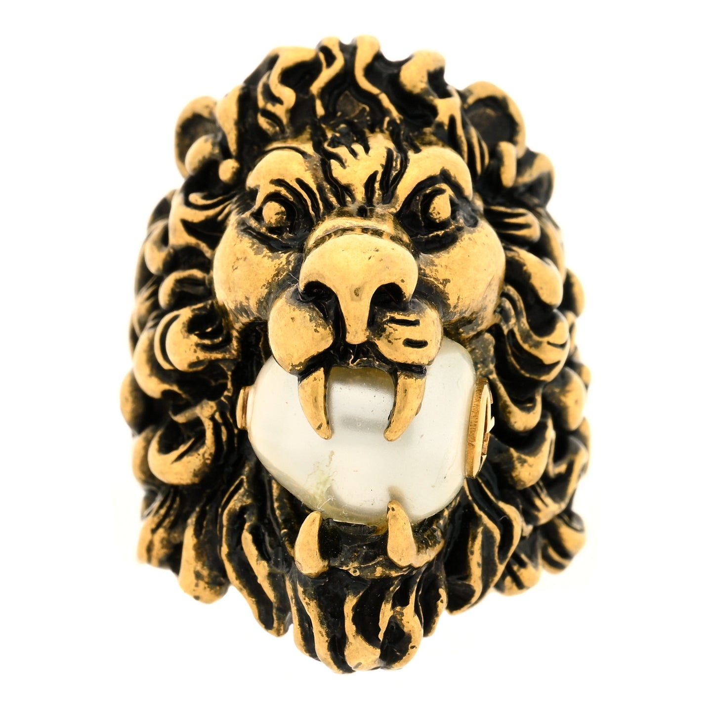 Metal Glass Pearl Lion Head Ring 6.25 Aged Gold