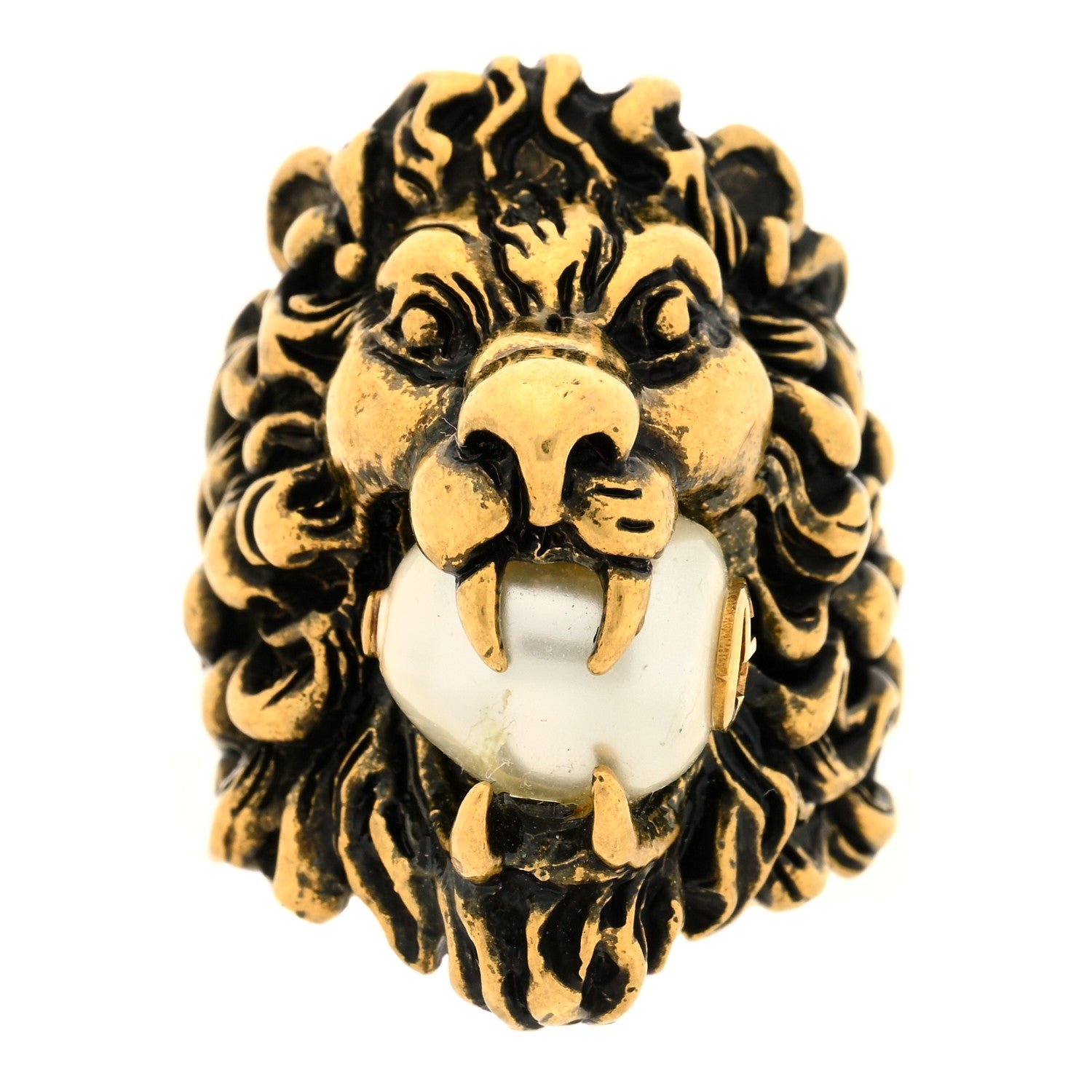 Gucci Metal Glass Pearl Lion Head Ring 6.25 Aged Gold 1 of 6