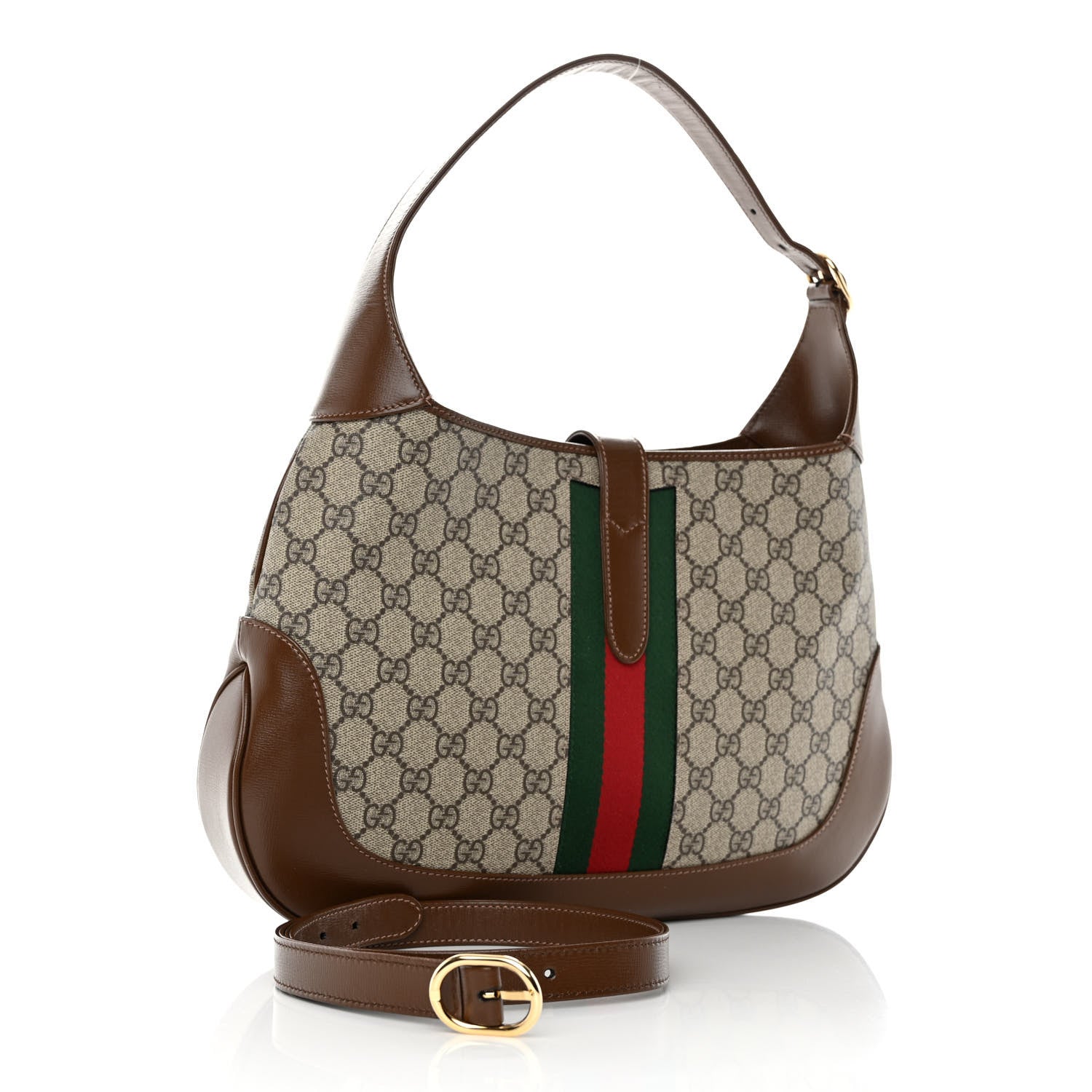 Gucci GG Supreme Monogram Azalea Calfskin Web Medium Jackie 1961 Hobo Beige Ebony Brown Sugar 3 of 10