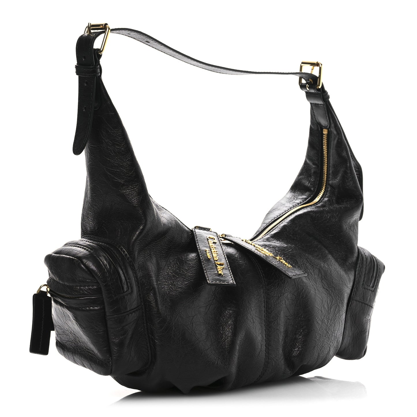 Crinkled Calfskin Large Grand Tour Multipocket Bag Black