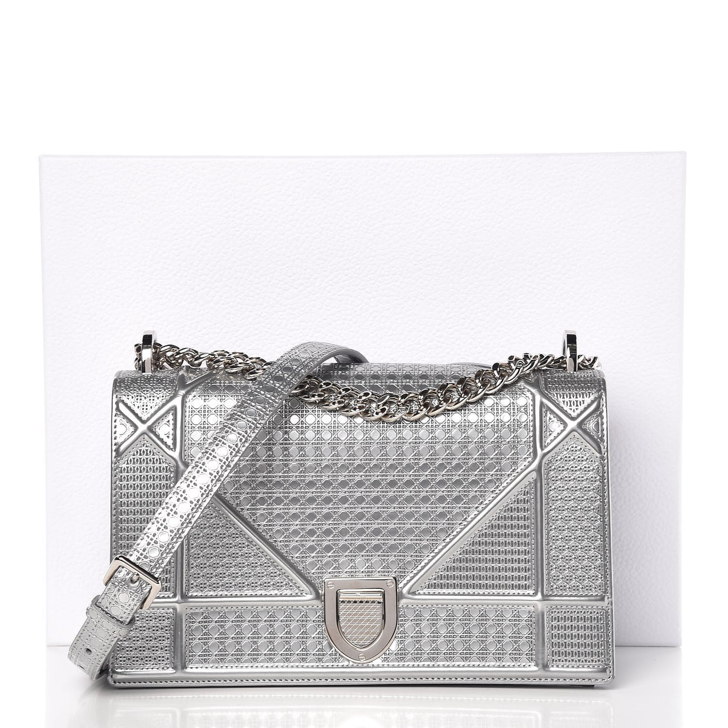 Metallic Patent Micro-Cannage Medium Diorama Flap Bag Silver