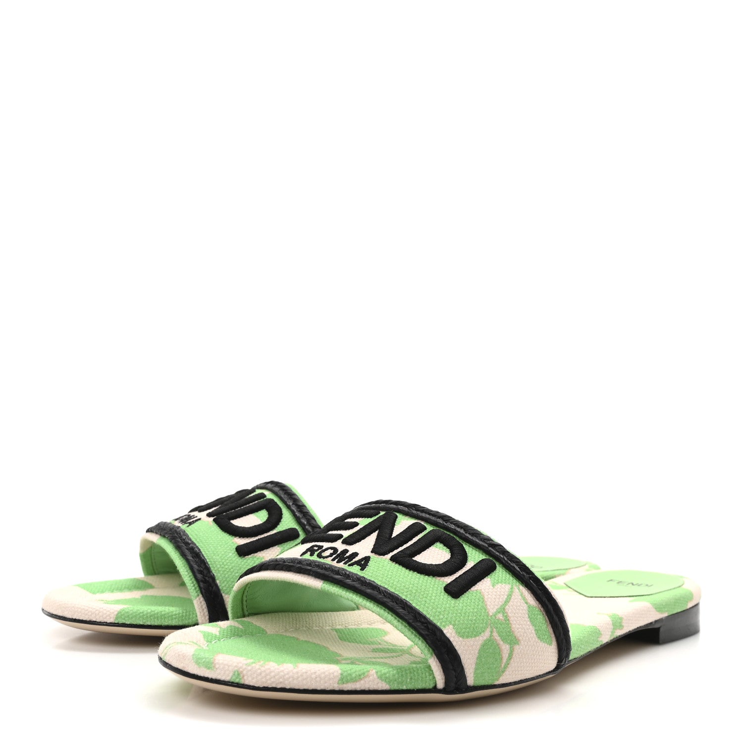 Fendi Canvas Rose Logo Embroidered Flat Slide Sandals 41 Bouquet Black 8 of 18