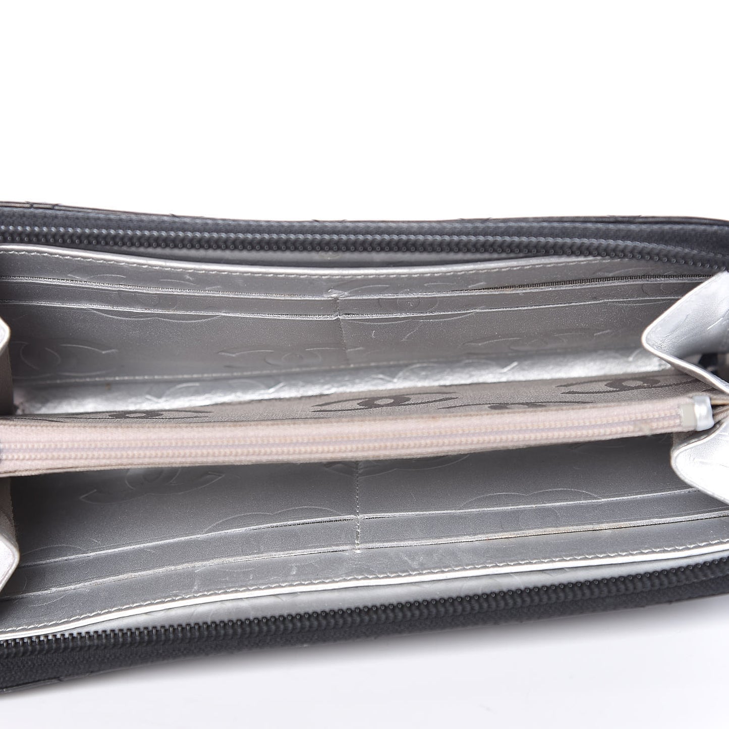 Calfskin Quilted Cambon Large Gusset Zip Around Wallet Black Silver