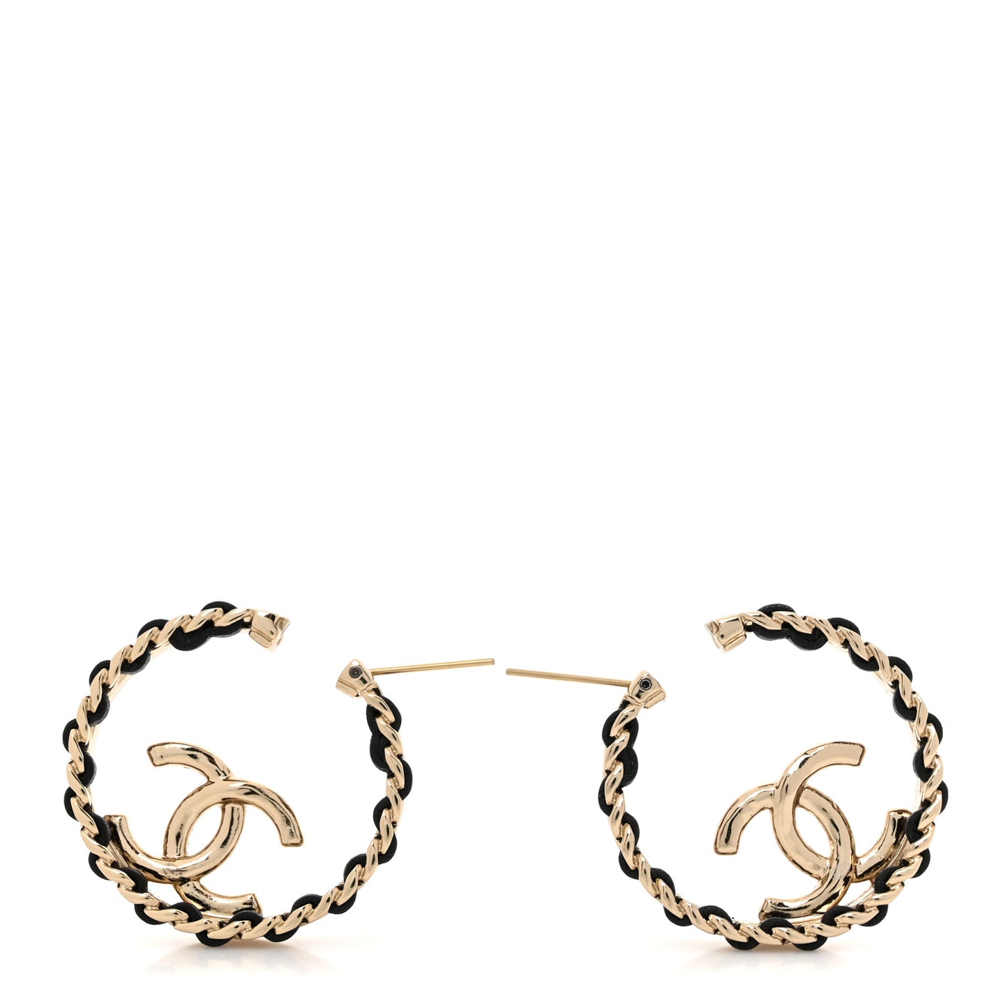 Lambskin CC Chain Hoop Earrings Black Gold