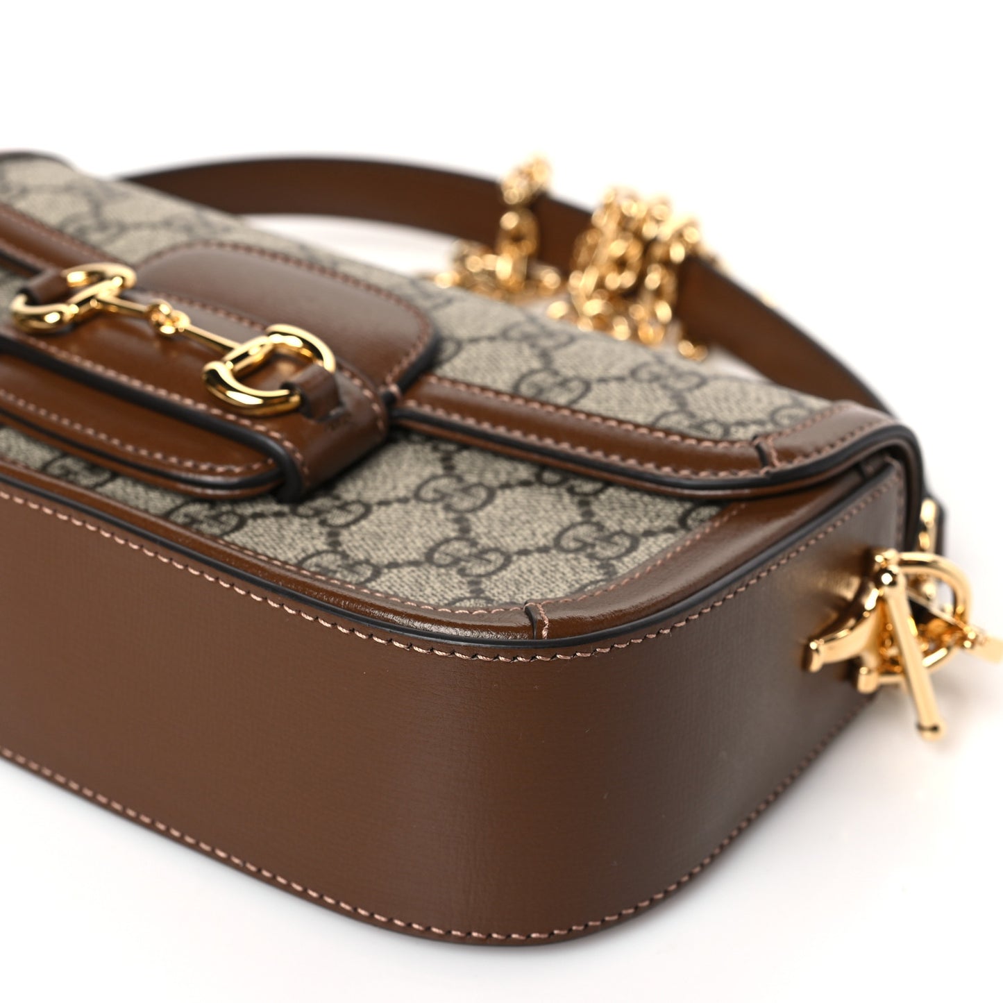 GG Supreme Monogram Small Horsebit 1955 Chain Shoulder Bag Beige Ebony Brown Sugar