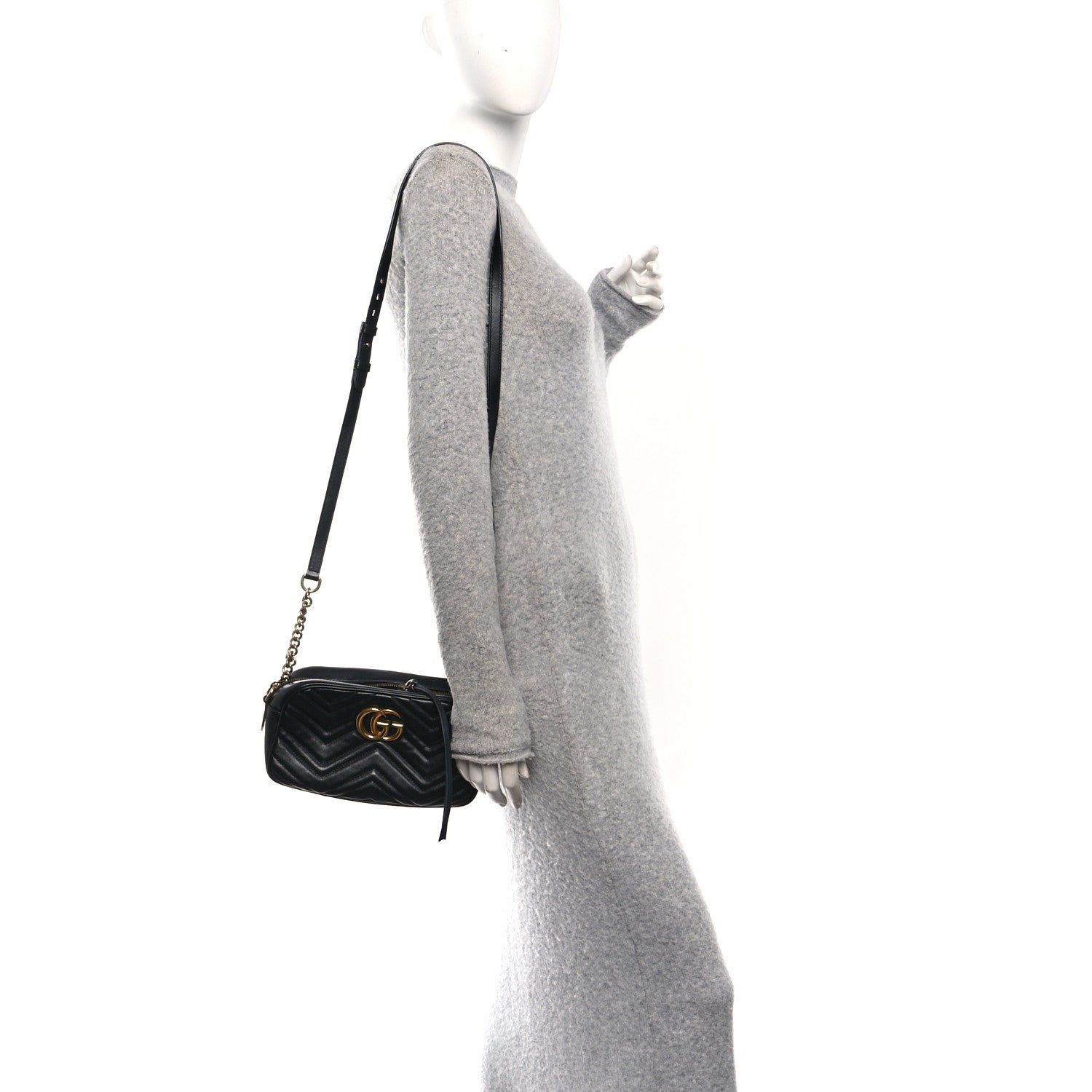 Gucci Calfskin Matelasse Small GG Marmont Chain Shoulder Bag Black Black 2 of 11
