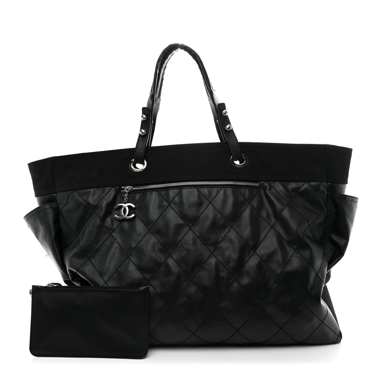 CHANEL【PARIS】 Chanel Coated Canvas Stitched XL Paris Biarritz Tote Black 1820003