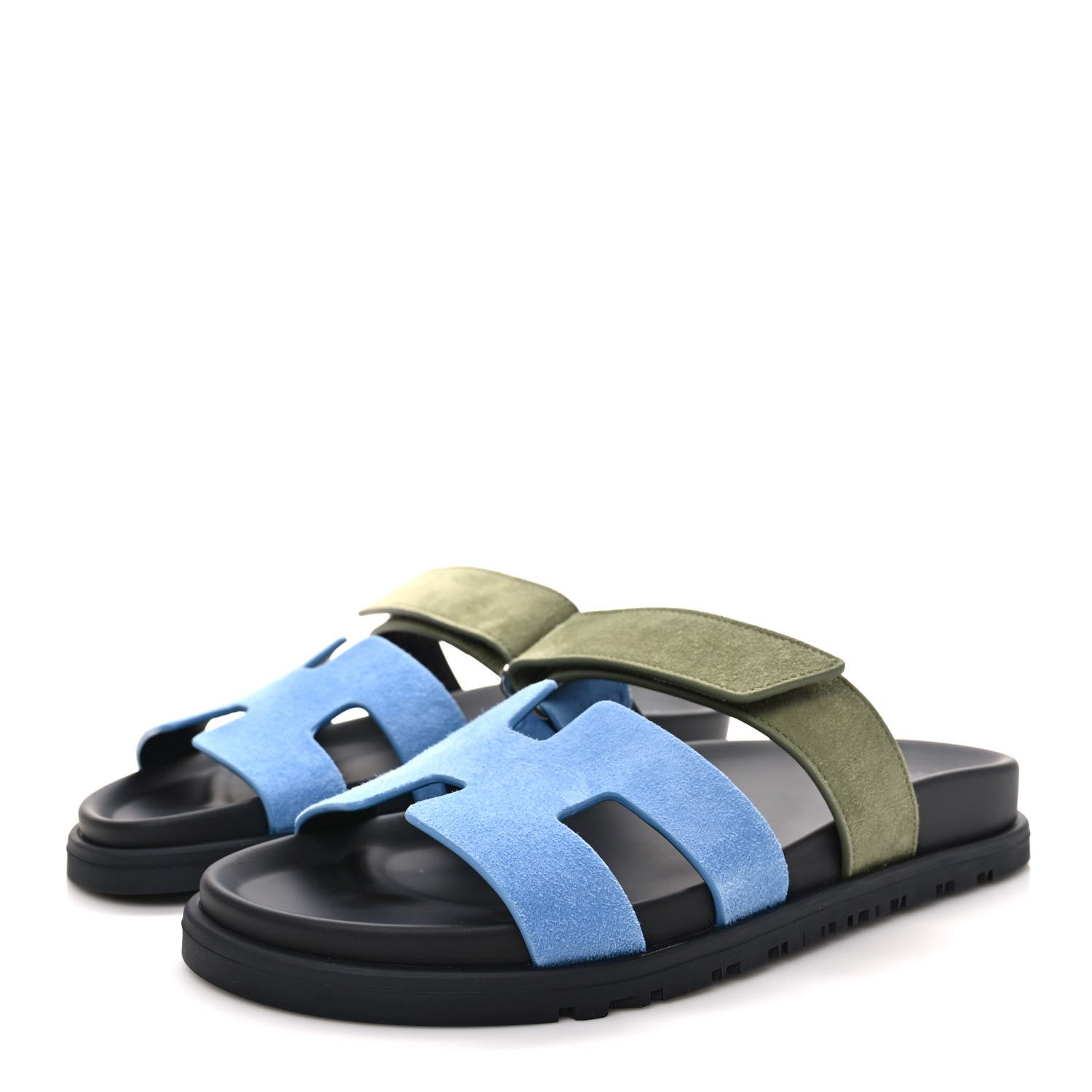 Hermes Suede Goatskin Womens Chypre Sandals 37 Bleu Cameo Vert 3 of 8