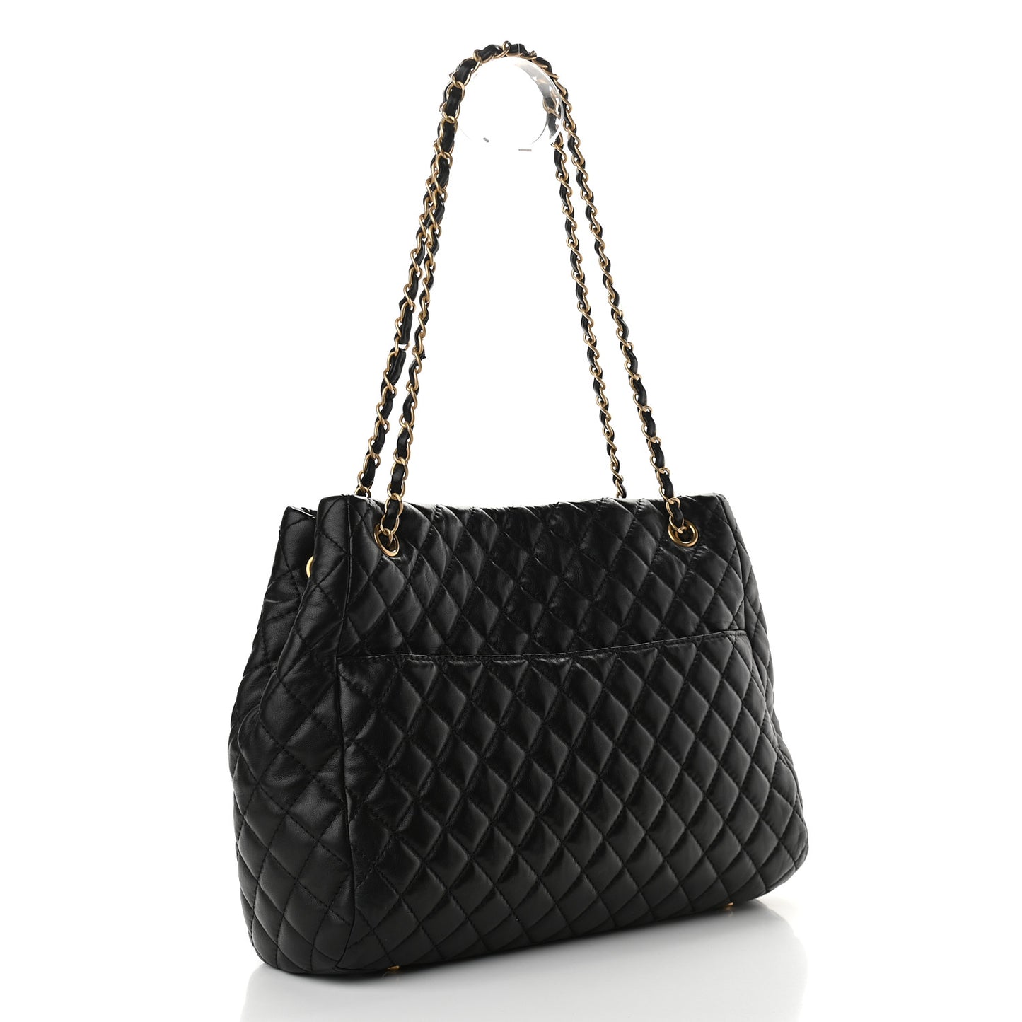 Lambskin Quilted Large Fluffy CC Shopping Tote Black