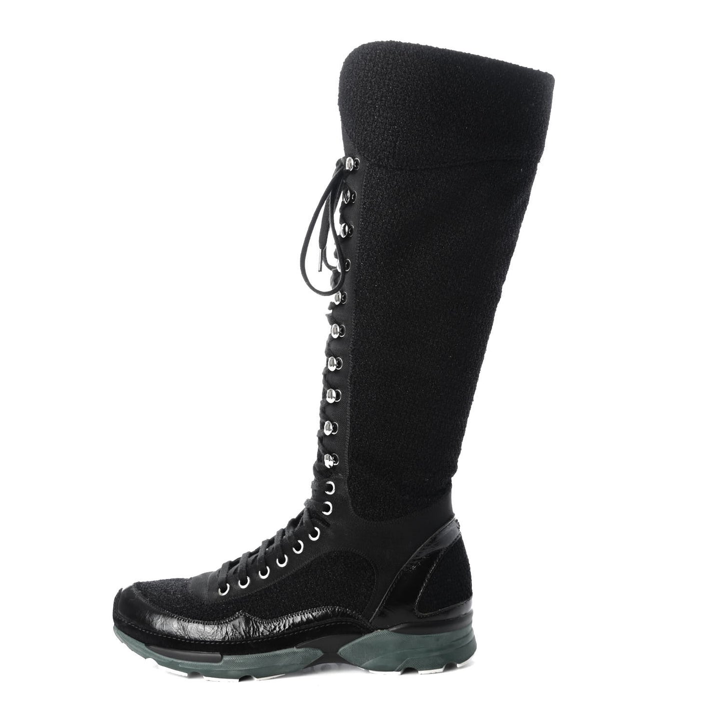 Tweed Patent Calfskin Sneaker High Boots 38 Black