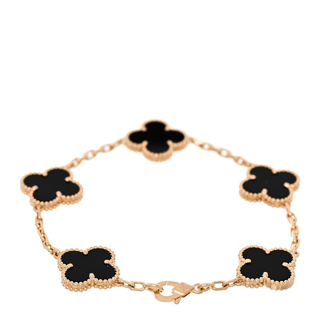 Van Cleef & Arpels 18K Yellow Gold Black Onyx 5 Motifs Vintage Alhambra Bracelet 2 of 5