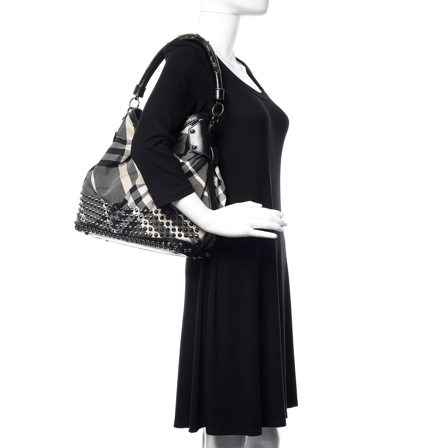 Burberry Nylon Beat Check Studded Hobo Black 2 of 22