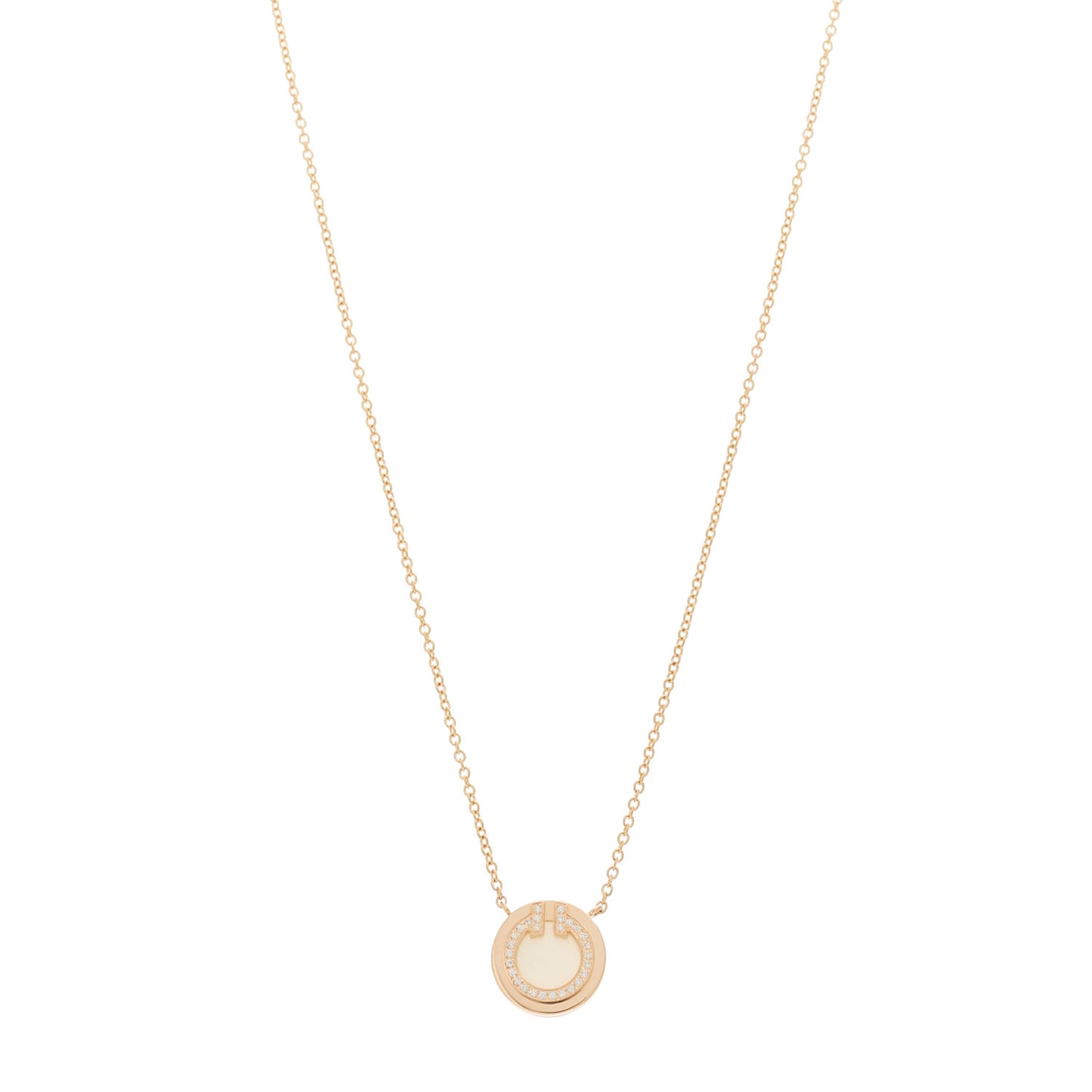 18K Rose Gold Diamond Mother of Pearl Small T Circle Pendant Necklace