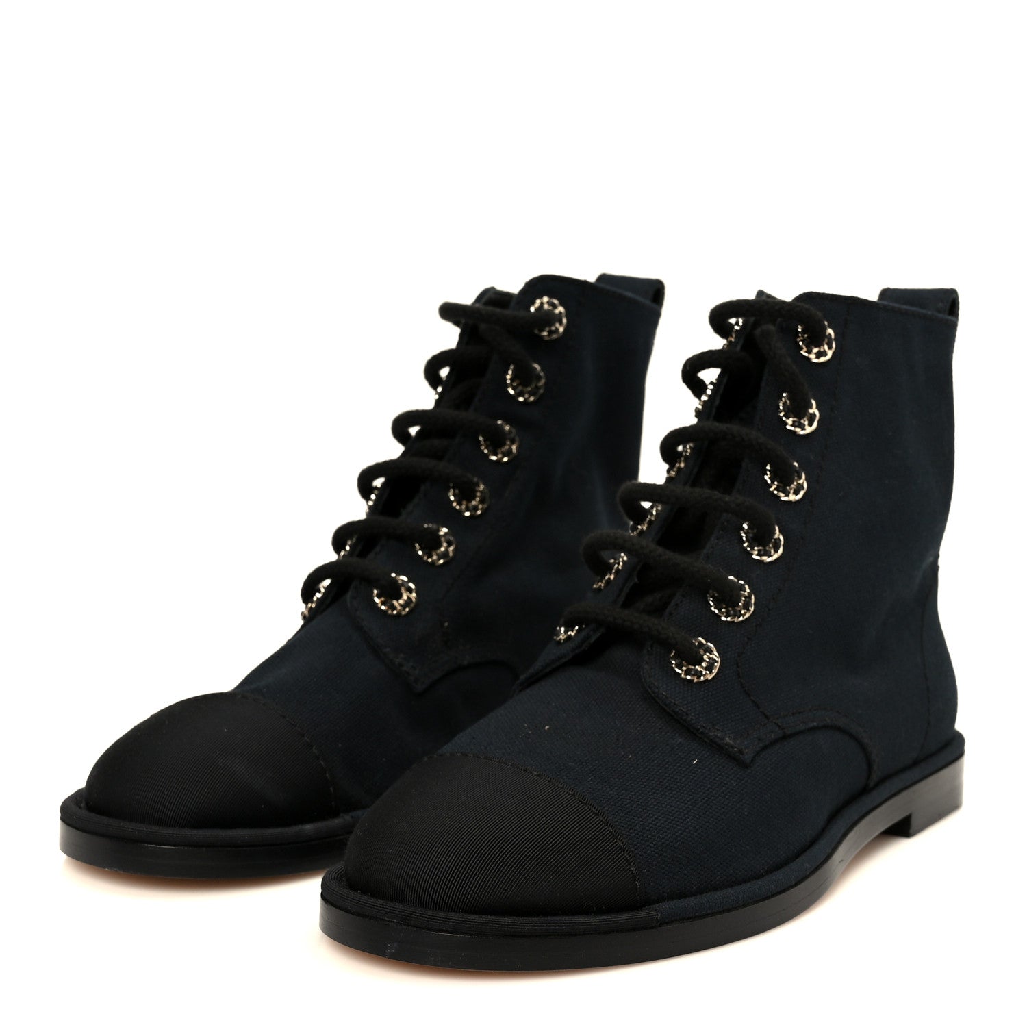 Chanel Cotton Grosgrain Cap Toe CC Lace Up Boots 37 Black 4 of 10