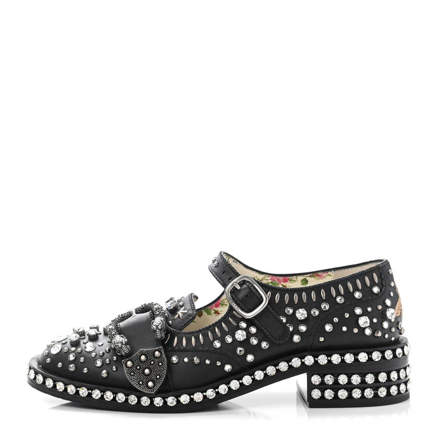 Calfskin Crystal Studded Womens Queercore Brogue Monk Strap Loafers 35.5 Black
