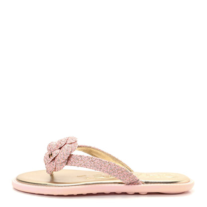 Chanel Tweed Quilted Camellia Thong Sandals 38 Salmon Apricot Gold 1 of 11