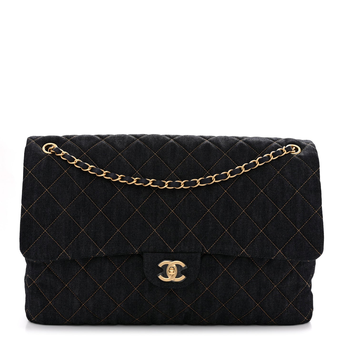Denim Quilted XXL Travel Flap Bag Dark Blue Orange