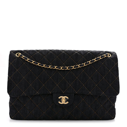 Chanel Denim Quilted XXL Travel Flap Bag Dark Blue Orange 1 of 10