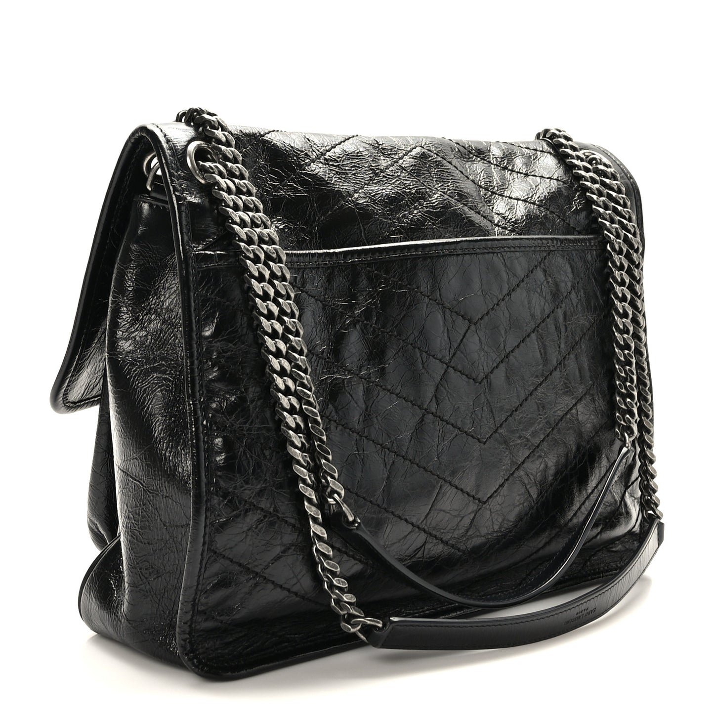 Crinkled Calfskin Matelasse Monogram Large Niki Chain Satchel Black