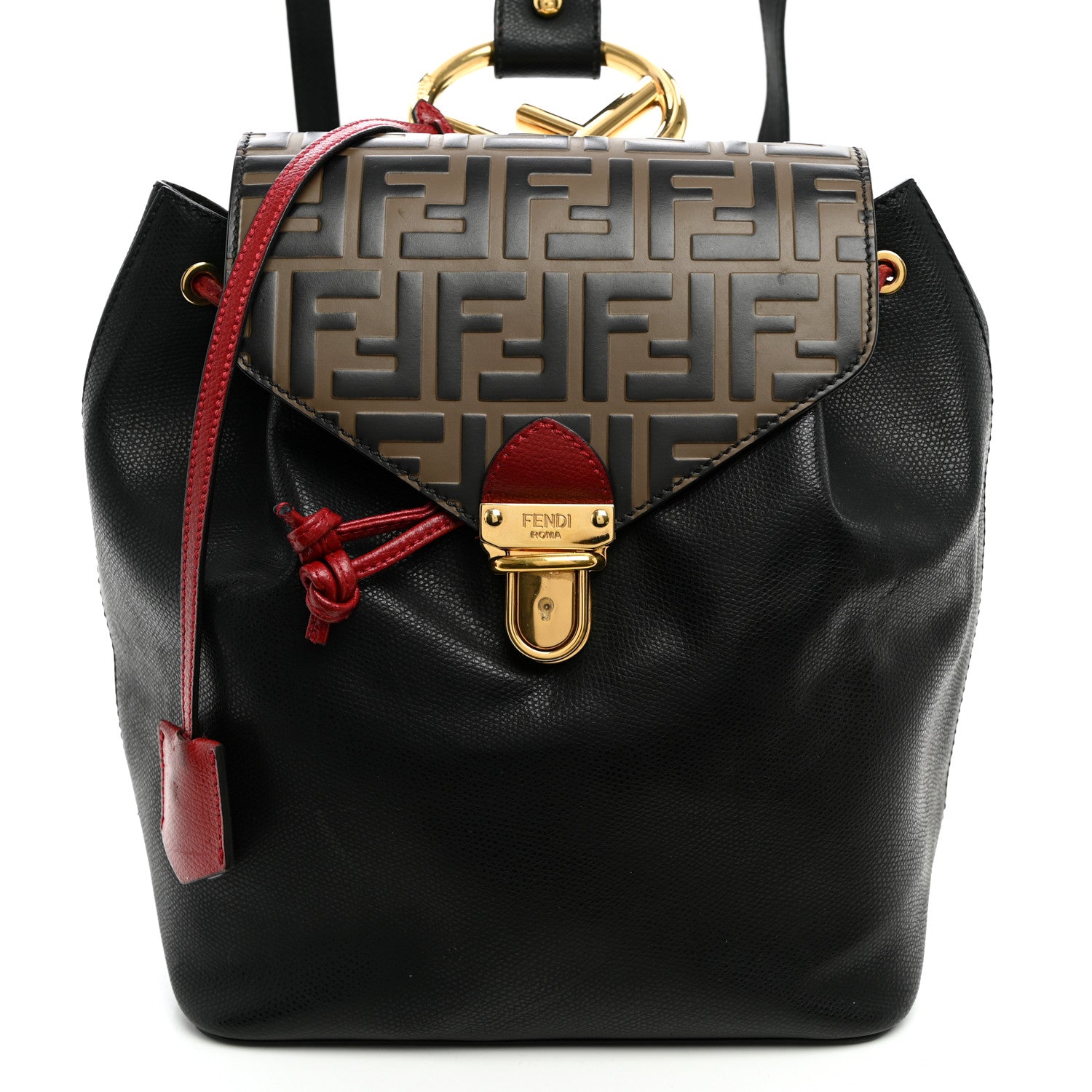 Fendi Vitello Cruise Bi-Color FF 1974 Embossed F is Fendi Drawstring Backpack Black Fragola Maya 7 of 9