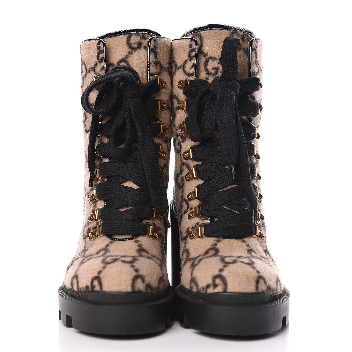Covered Wool GG Monogram Womens Lace Up Combat Ankle Boots 39 Beige Ebony Black