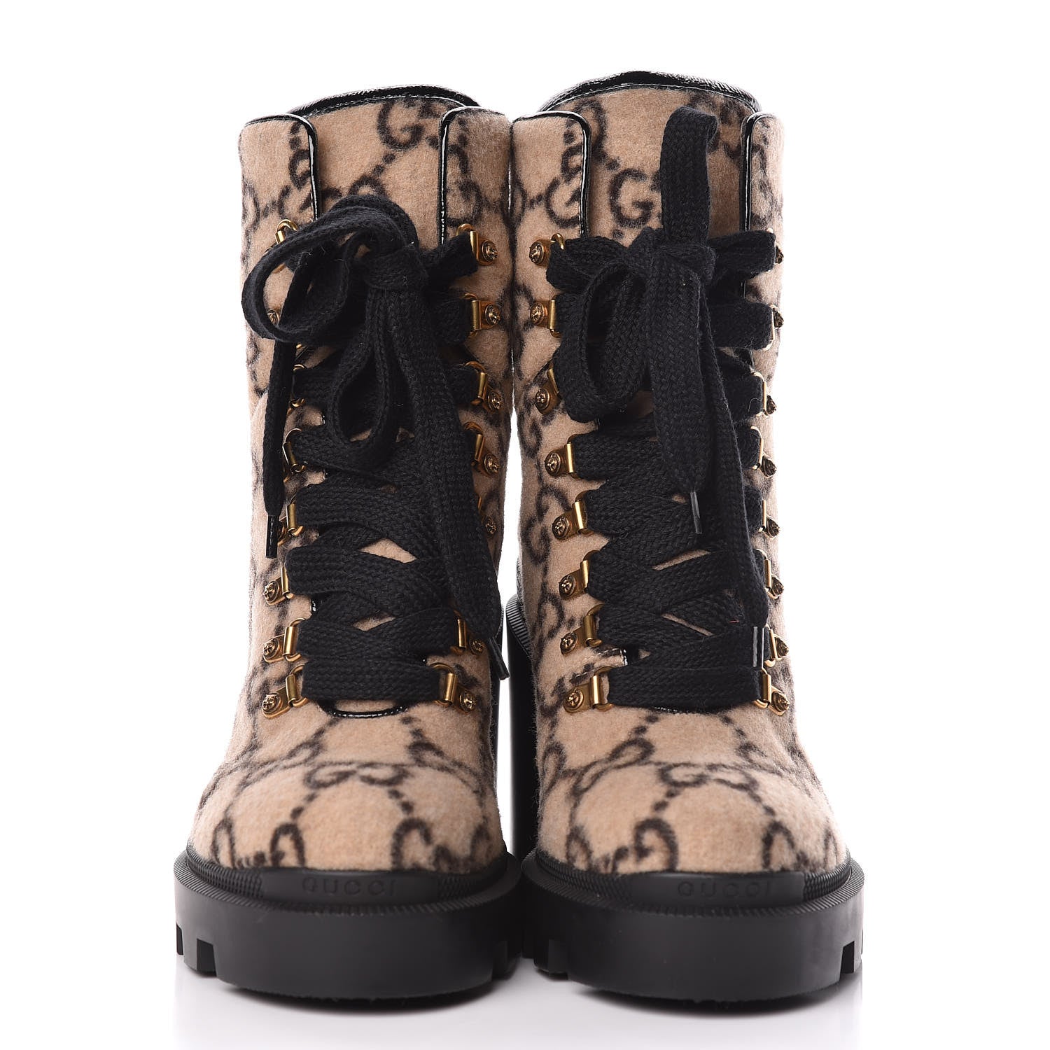 Gucci Covered Wool GG Monogram Womens Lace Up Combat Ankle Boots 39 Beige Ebony Black 2 of 14