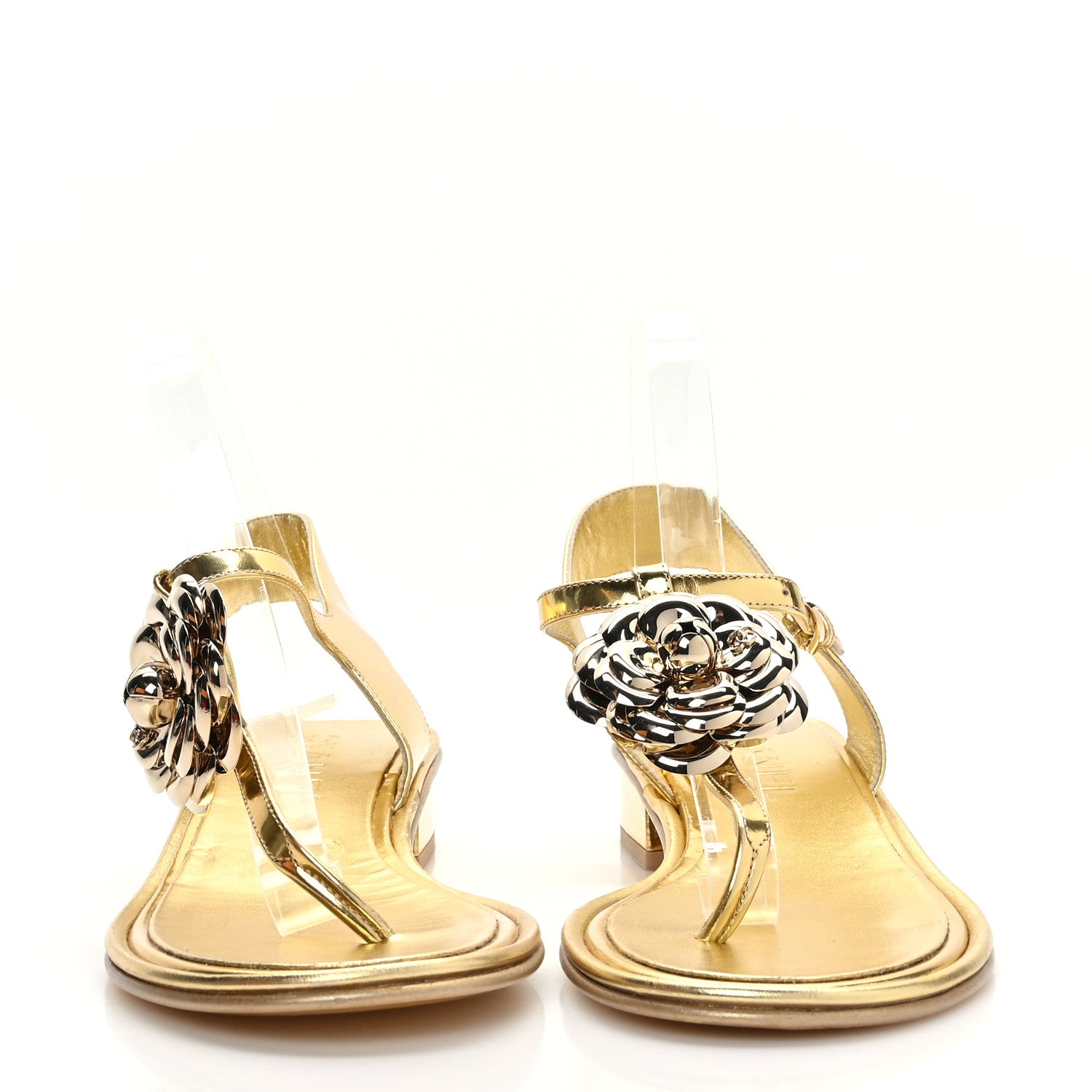 Chanel Metallic Patent Calfskin Camellia Thong Sandals 40 Gold 2 of 7
