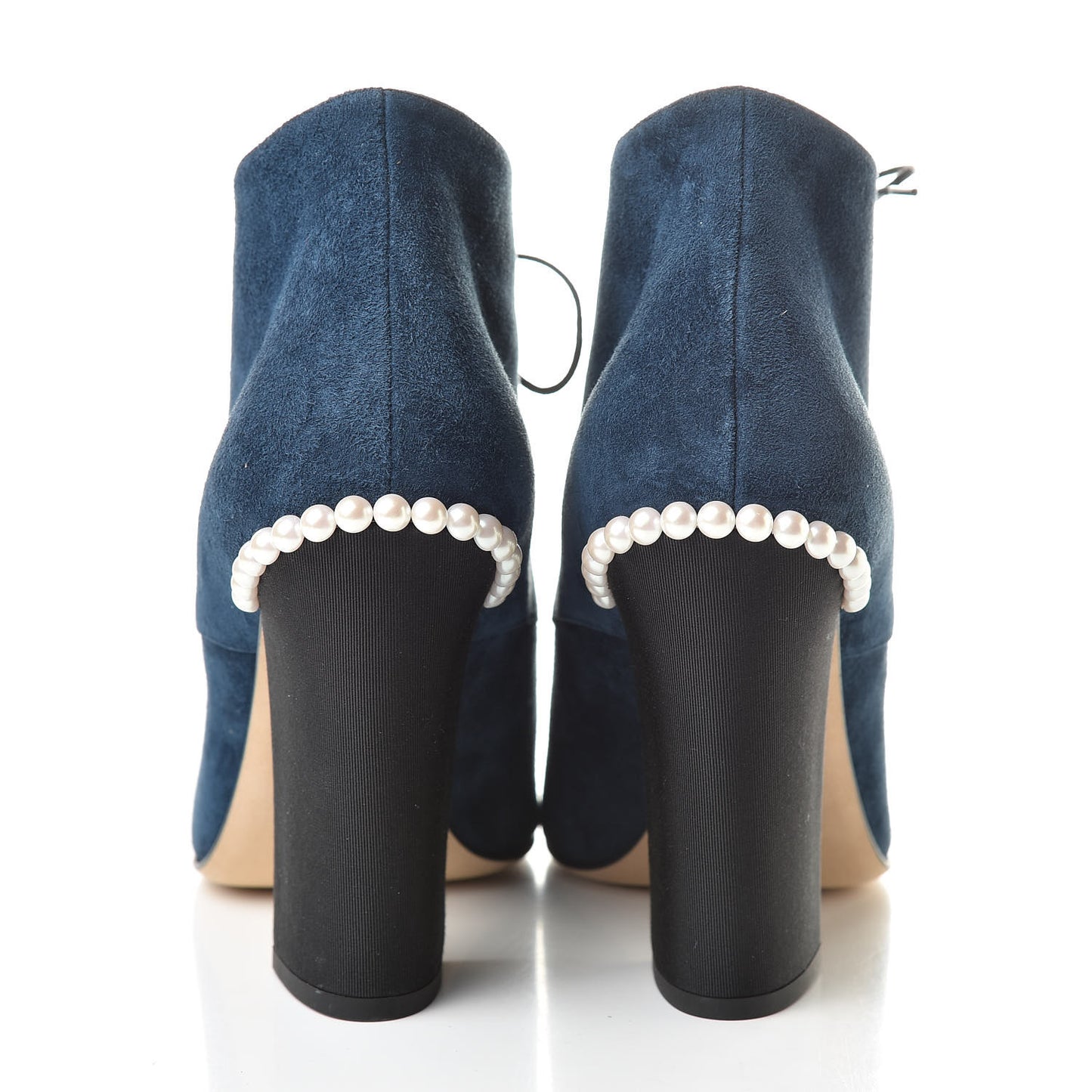 Suede Grosgrain Pearl Lace Up Booties 41 Dark Blue Black