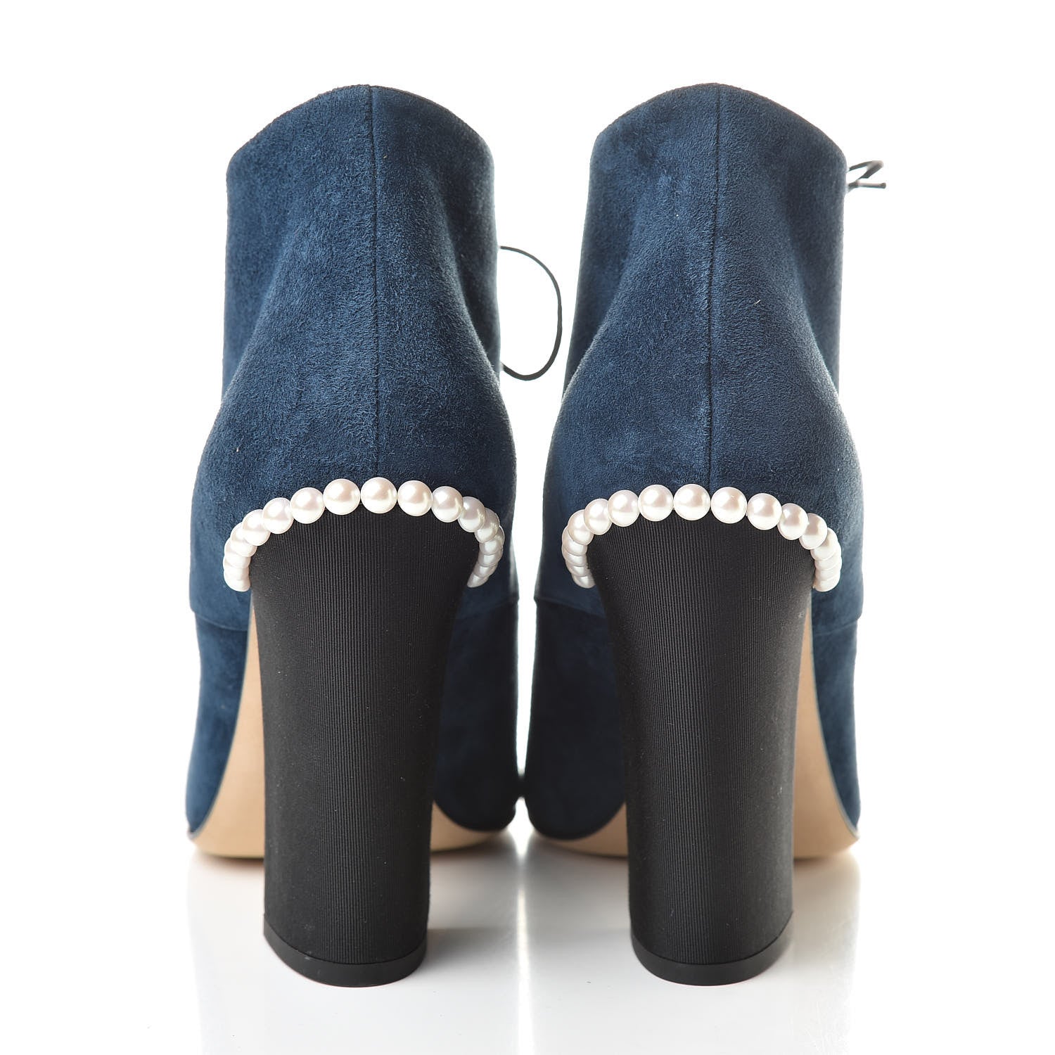 Chanel Suede Grosgrain Pearl Lace Up Booties 41 Dark Blue Black 5 of 10
