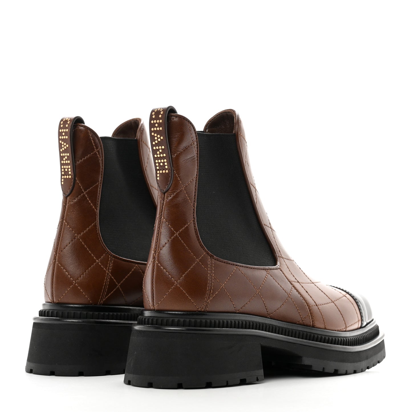 Calfskin Patent Cap Toe Quilted Short Boots 39 Brown Black