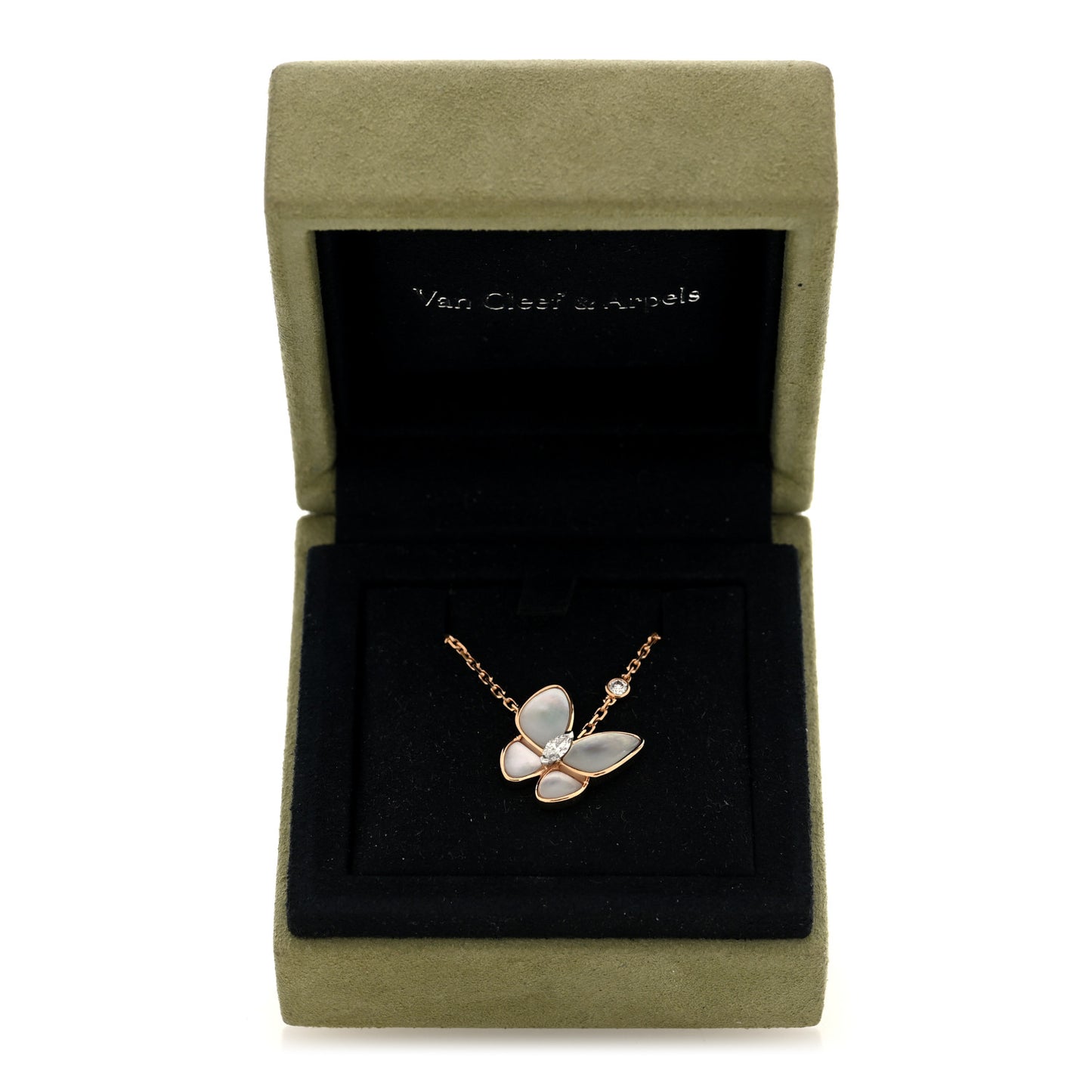 18K Rose Gold Diamond Mother of Pearl Two Butterfly Pendant Necklace
