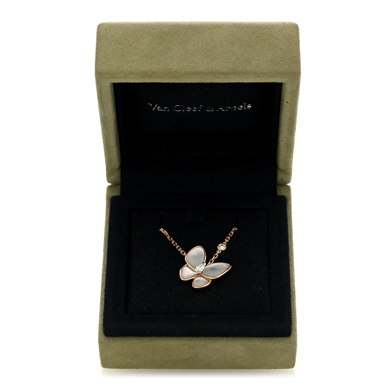 Van Cleef & Arpels 18K Rose Gold Diamond Mother of Pearl Two Butterfly Pendant Necklace 5 of 5