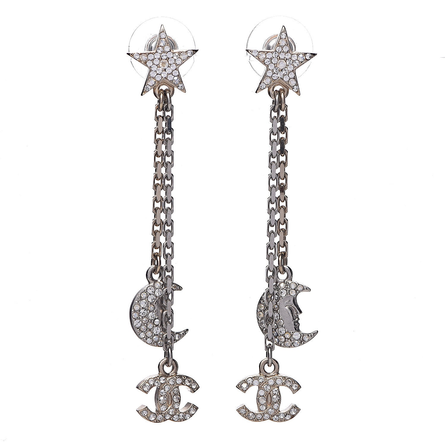 Chanel Crystal CC Star Moon Dangle Earrings Silver Gold 1 of 5