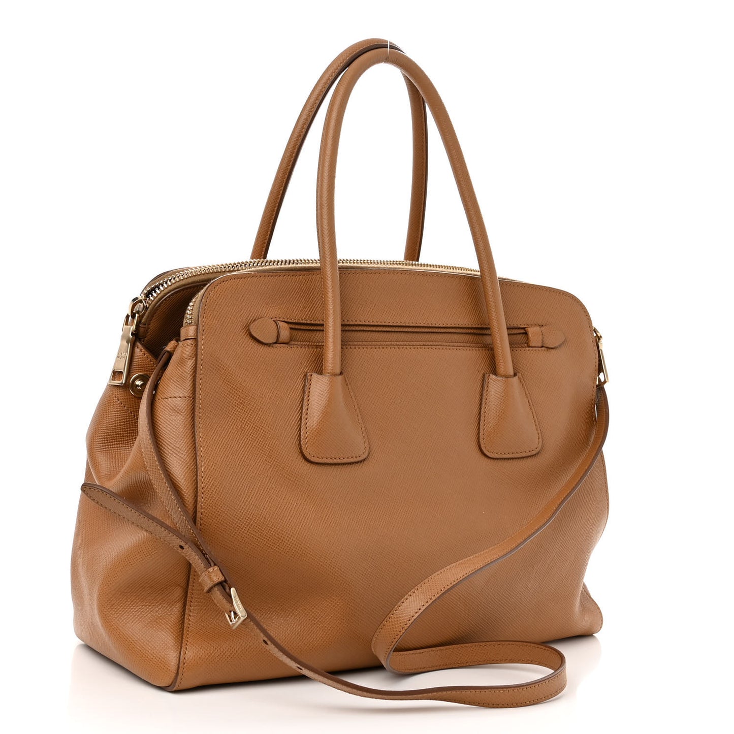 Saffiano Cuir Double Zip Frame Tote Caramel