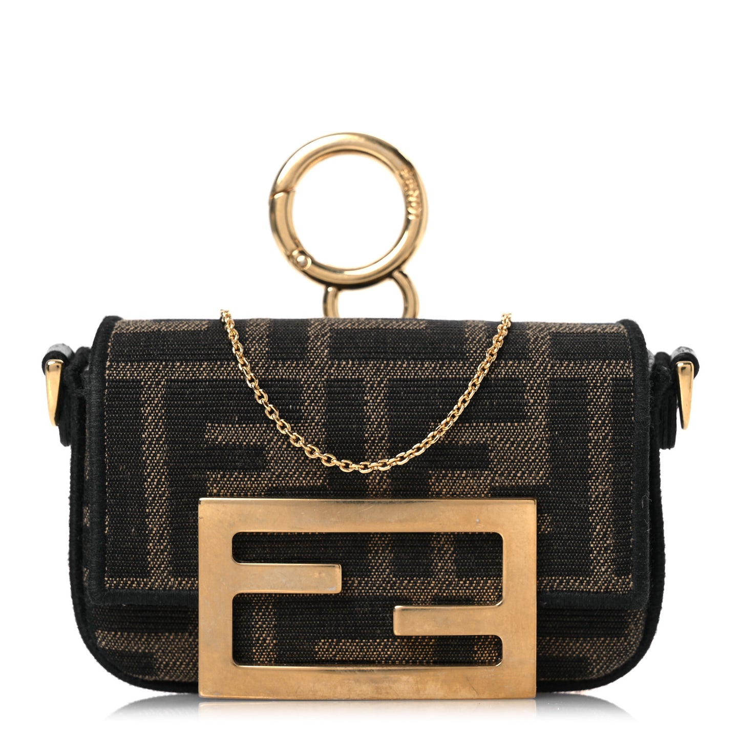 Fabric Jacquard FF 1974 Nano Maxi Buckle Baguette Charm Tobacco Moro Black