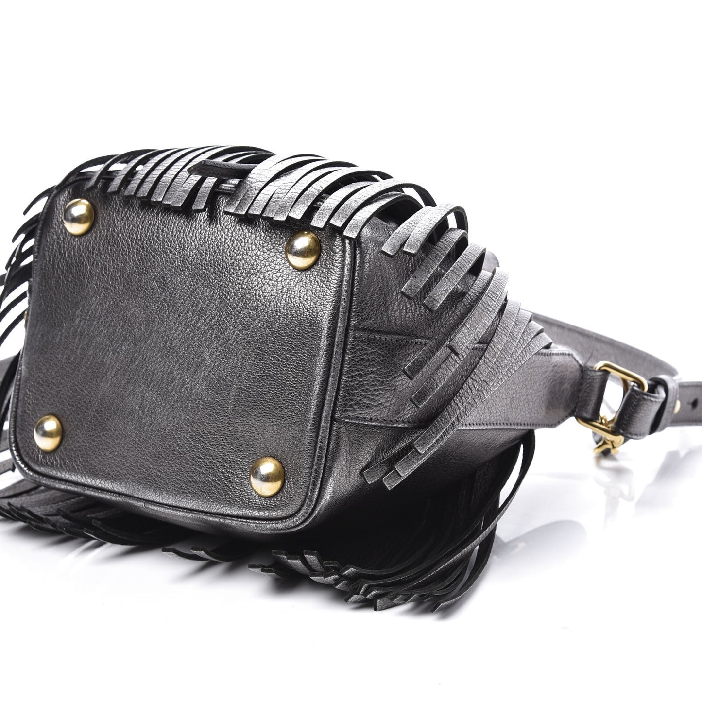 Metallic Goatskin Small Emmanuelle Fringe Bucket Bag Pewter