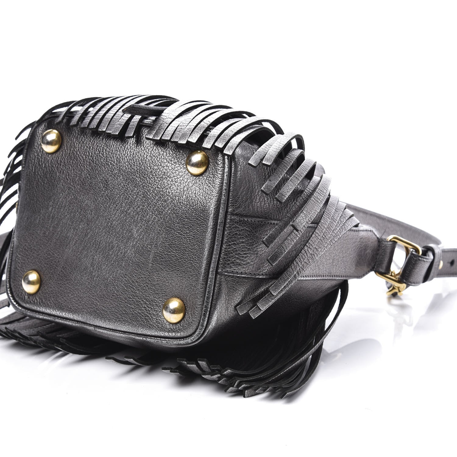 Saint Laurent Metallic Goatskin Small Emmanuelle Fringe Bucket Bag Pewter 8 of 13