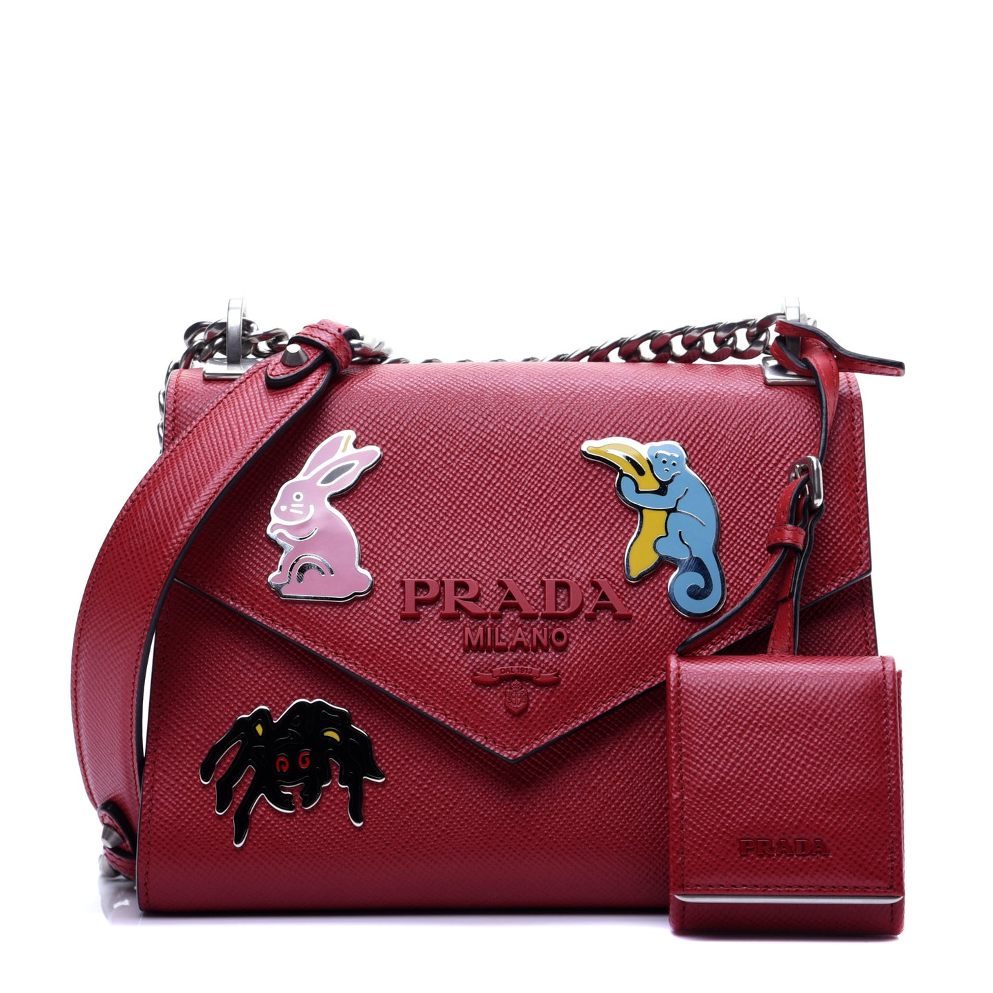 Saffiano Cuir Calfskin Monochrome Patches Envelope Flap Chain Shoulder Bag Fuoco