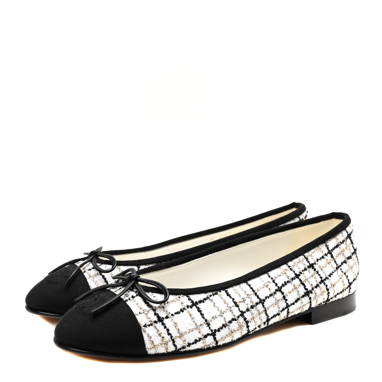 Chanel Tweed Grosgrain Cap Toe Ballerina Flats 37.5 White Gold Black 4 of 8