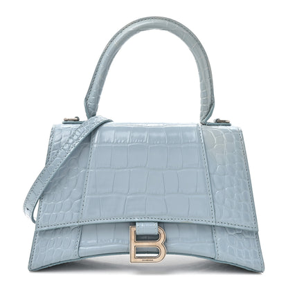Balenciaga Shiny Calfskin Crocodile Embossed Small Hourglass Top Handle Bag Blue Grey 1 of 16